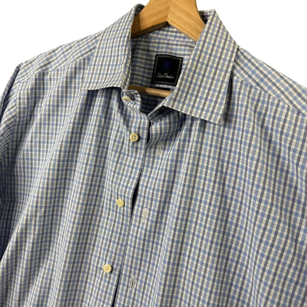 David Donahue Mens Trim Fit Dress Shirt 17 32/33 Blue White Check Cotton 9297